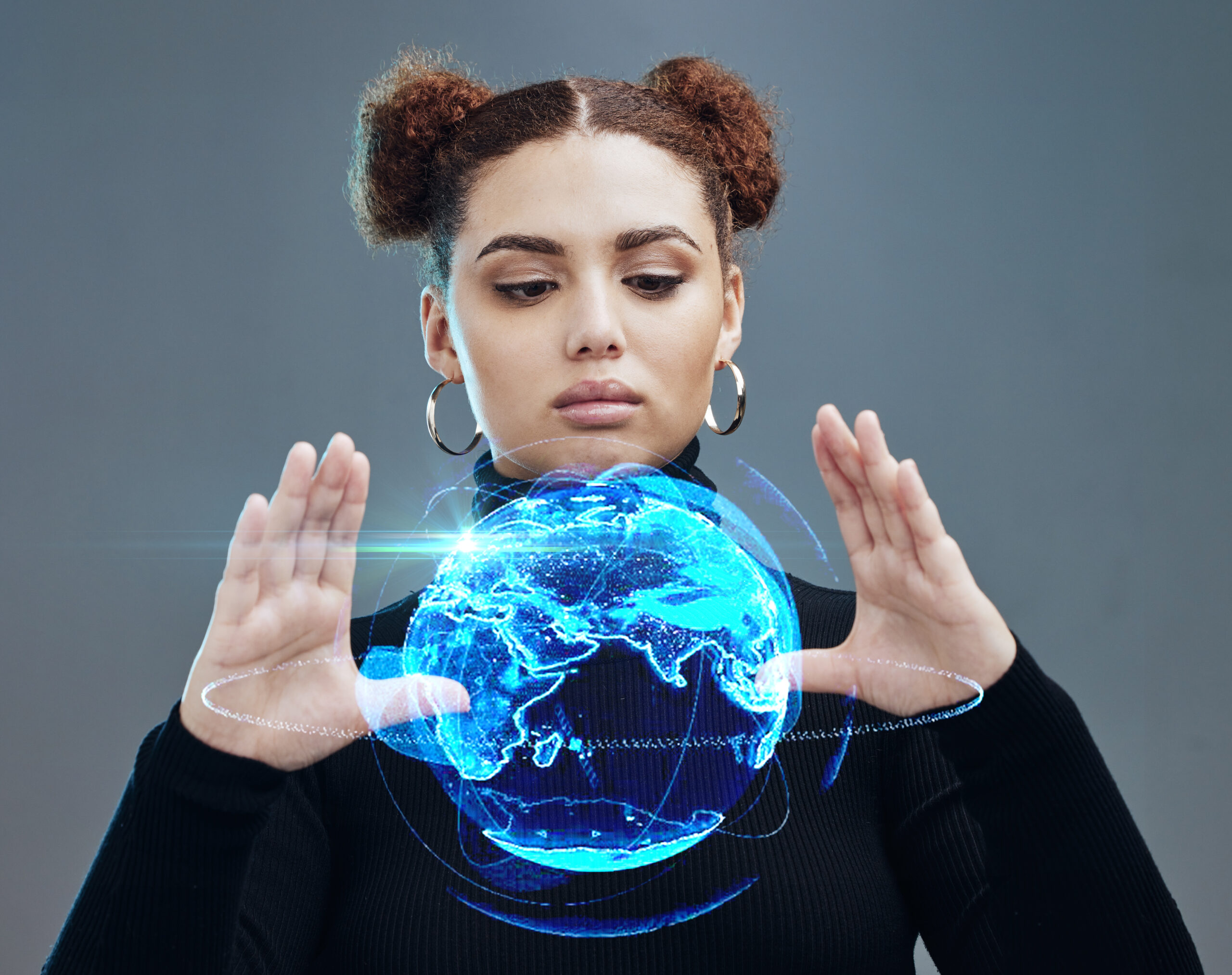 Globe hologram, futuristic tech and woman, technology innovation with future, ai and cyberspace aga.